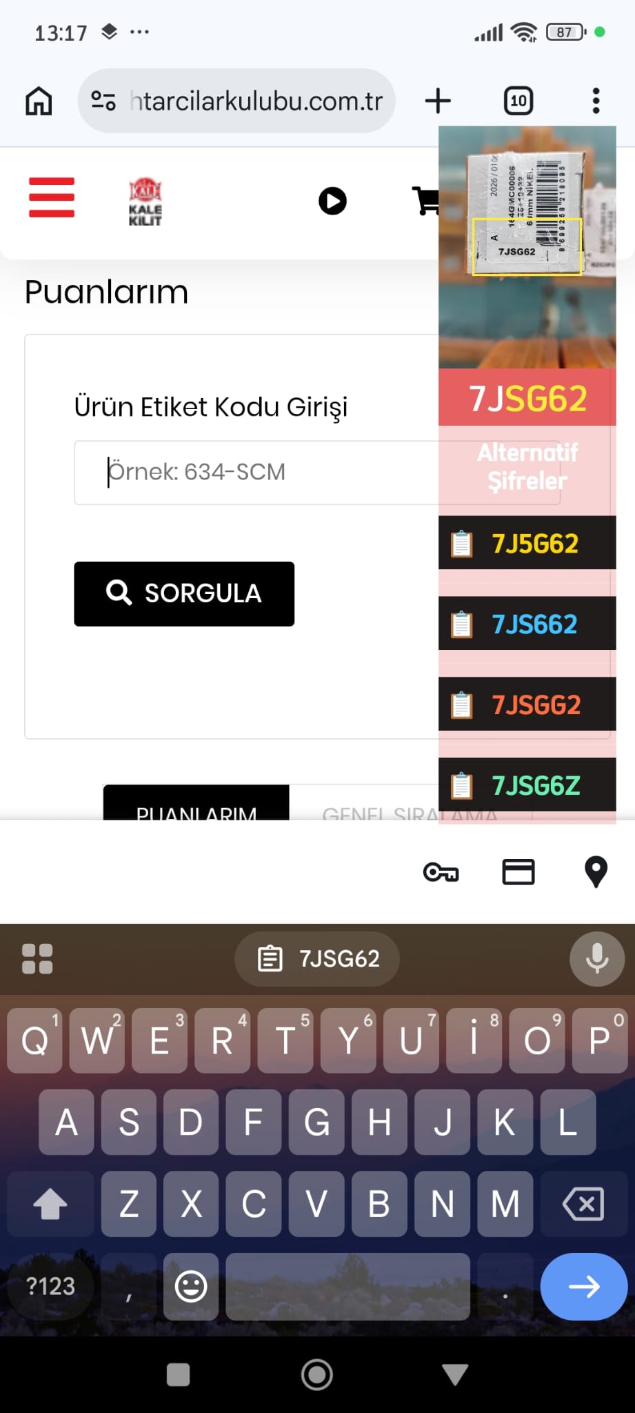 Easy Copy uygulamasının ekrandaki kısa kodları OCR ile algıladığı görünüm