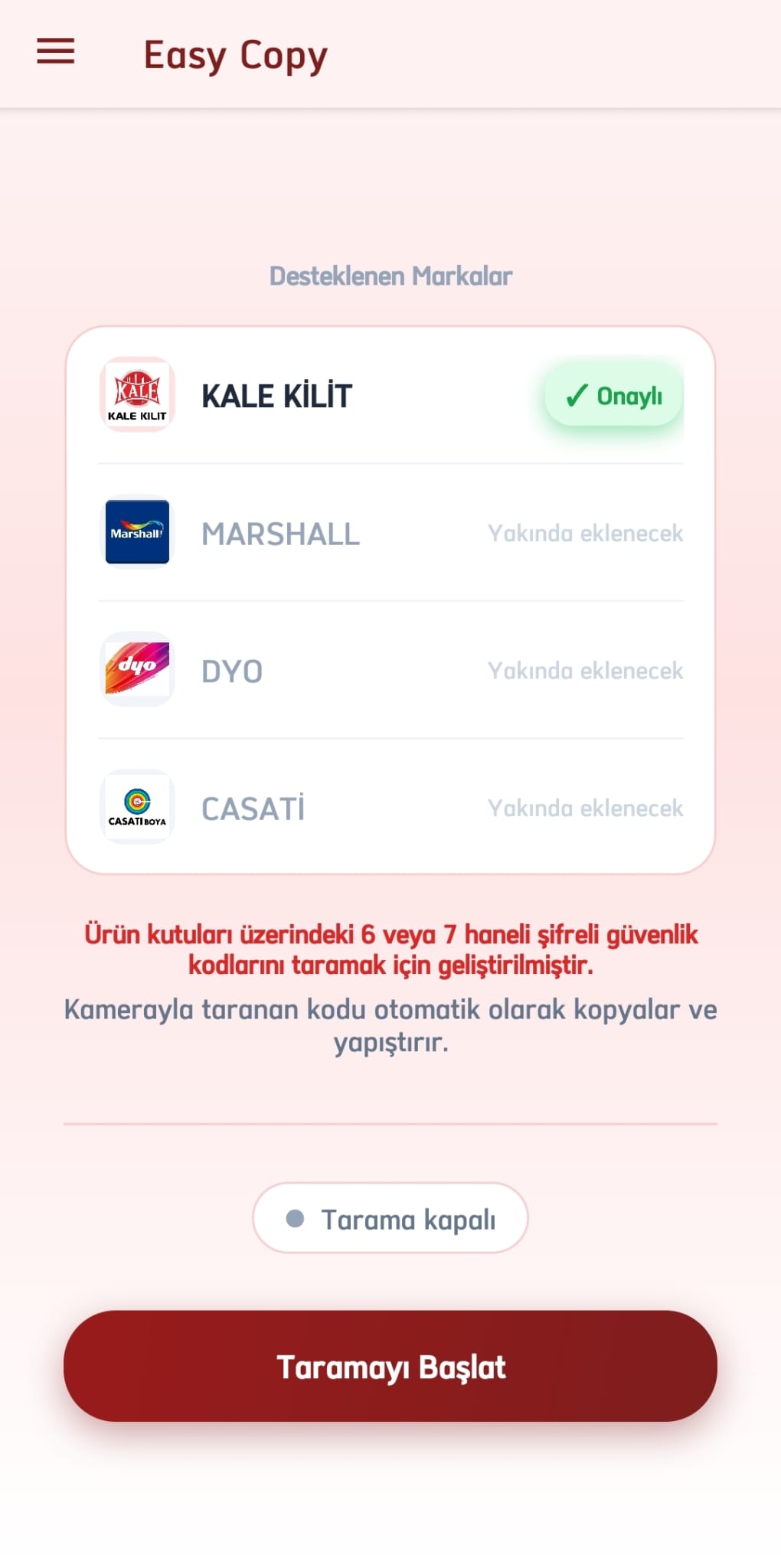 Easy Copy Android uygulamasının kod tarama ekranı